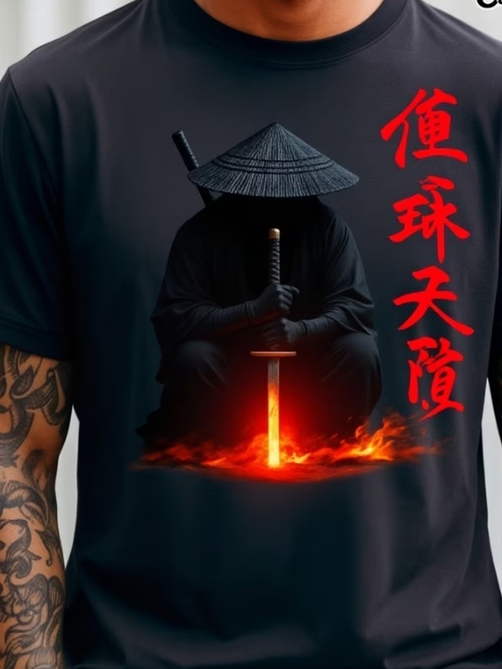 Black Samurai Graphic Tee with Red Accents